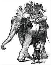 Elephant Transporting Soldiers during War, Afghanistan, "Classical Portfolio of Primitive Carriers", by Marshall M. Kirman, World Railway Publ. Co., Illustration, 1895
