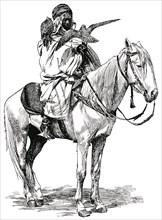 Arab Falconer on horseback, Algeria, Africa, "Classical Portfolio of Primitive Carriers", by Marshall M. Kirman, World Railway Publ. Co., Illustration, 1895