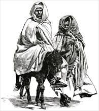 Man and Woman Traveling with Donkey, Oran, Algeria, Africa, "Classical Portfolio of Primitive Carriers", by Marshall M. Kirman, World Railway Publ. Co., Illustration, 1895