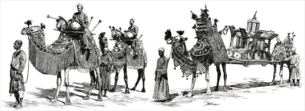 Bridal Procession Traveling on Camels, Arabia, "Classical Portfolio of Primitive Carriers", by Marshall M. Kirman, World Railway Publ. Co., Illustration, 1895