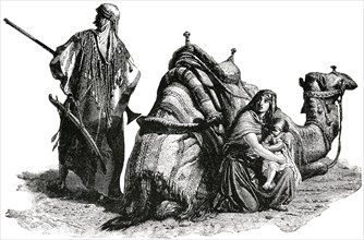 Traveling Arab Family with Camel, Man Standing Guard with Rifle, Arabia, "Classical Portfolio of Primitive Carriers", by Marshall M. Kirman, World Railway Publ. Co., Illustration, 1895