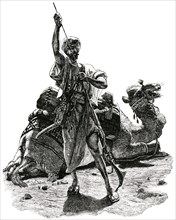 Arab Man in Desert Preparing to Meet Approaching Foe, Arabia, "Classical Portfolio of Primitive Carriers", by Marshall M. Kirman, World Railway Publ. Co., Illustration, 1895