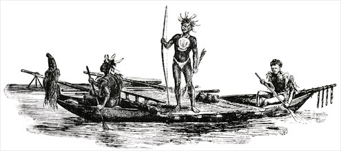 Warriors with Weapons on Canoes, New Guinea, "Classical Portfolio of Primitive Carriers", by Marshall M. Kirman, World Railway Publ. Co., Illustration, 1895