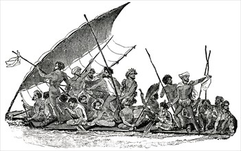 Natives of Gambier Islands Traveling on Raft, "Classical Portfolio of Primitive Carriers", by Marshall M. Kirman, World Railway Publ. Co., Illustration, 1895