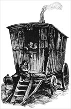 Gypsy House and Wagon, England, pre-1820, "Classical Portfolio of Primitive Carriers", by Marshall M. Kirman, World Railway Publ. Co., Illustration, 1895