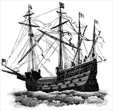 English Warship, 16th Century, "Classical Portfolio of Primitive Carriers", by Marshall M. Kirman, World Railway Publ. Co., Illustration, 1895