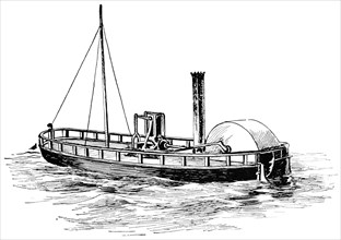 The Charlotte Dundas, First Steamboat launched by William Symington, England, 1801, "Classical Portfolio of Primitive Carriers", by Marshall M. Kirman, World Railway Publ. Co., Illustration, 1895