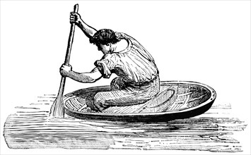 Man Paddling Coracle, Wales, "Classical Portfolio of Primitive Carriers", by Marshall M. Kirman, World Railway Publ. Co., Illustration, 1895