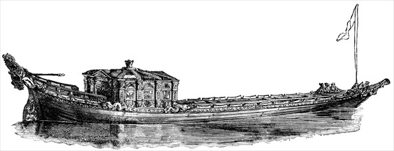 English State Barge of the Time of James I, England, 1603-1625, "Classical Portfolio of Primitive Carriers", by Marshall M. Kirman, World Railway Publ. Co., Illustration, 1895