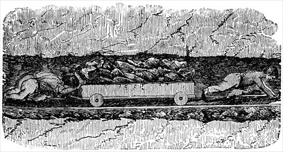 Pushing and Pulling Coal Wagon in Mine, England, 1820's, "Classical Portfolio of Primitive Carriers", by Marshall M. Kirman, World Railway Publ. Co., Illustration, 1895