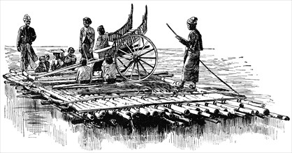 Bamboo Raft, Irrawaddy River, Rangoon, Burma, "Classical Portfolio of Primitive Carriers", by Marshall M. Kirman, World Railway Publ. Co., Illustration, 1895