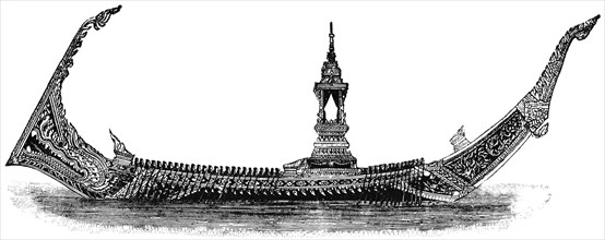 Highly Ornamented Barge, with Forty Rowers on Each Side, Used by King of Siam, 1855, "Classical Portfolio of Primitive Carriers", by Marshall M. Kirman, World Railway Publ. Co., Illustration, 1895
