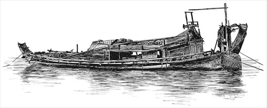 Freight Boat, Burma, "Classical Portfolio of Primitive Carriers", by Marshall M. Kirman, World Railway Publ. Co., Illustration, 1895