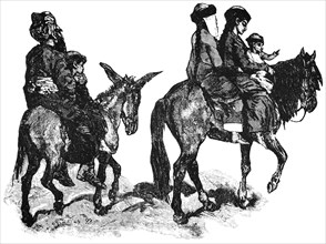 Family Traveling on Horse and Donkey, Chinese Turkestan, Central Asia, "Classical Portfolio of Primitive Carriers", by Marshall M. Kirman, World Railway Publ. Co., Illustration, 1895