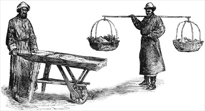 Merchant with Pushcart and one Carrying Baskets on Pole, Yarkand, Central Asia, "Classical Portfolio of Primitive Carriers", by Marshall M. Kirman, World Railway Publ. Co., Illustration, 1895