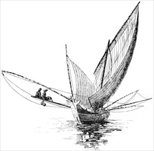 Ship with Large Sails Requiring a Counterpoise, China, "Classical Portfolio of Primitive Carriers", by Marshall M. Kirman, World Railway Publ. Co., Illustration, 1895