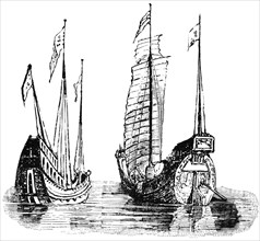 Two Ships, Quaint and Old-Fashioned, Employed in Coast Trading and Pleasure Purposes, China, "Classical Portfolio of Primitive Carriers", by Marshall M. Kirman, World Railway Publ. Co., Illustration, ...