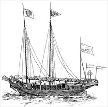 Side View of Chinese Junk, "Classical Portfolio of Primitive Carriers", by Marshall M. Kirman, World Railway Publ. Co., Illustration, 1895