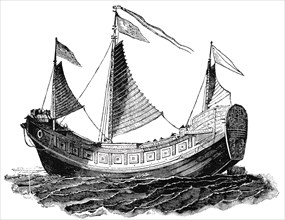 Chinese Junk used for Passengers and Freight, "Classical Portfolio of Primitive Carriers", by Marshall M. Kirman, World Railway Publ. Co., Illustration, 1895