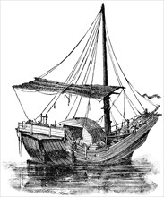 Large Sailing Vessel, Yang-Tse River, China, "Classical Portfolio of Primitive Carriers", by Marshall M. Kirman, World Railway Publ. Co., Illustration, 1895