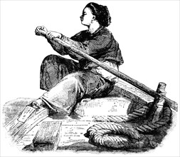 Sampan Girl Sitting Sideways in Bow of Vessel while Rowing on Canton River, China, "Classical Portfolio of Primitive Carriers", by Marshall M. Kirman, World Railway Publ. Co., Illustration, 1895