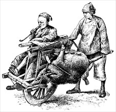 Man and Dead Animal Being Transported on Single-Wheel Cart, China, "Classical Portfolio of Primitive Carriers", by Marshall M. Kirman, World Railway Publ. Co., Illustration, 1895
