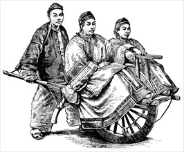 Two People Being Transported by Single-Wheel Cart, China, "Classical Portfolio of Primitive Carriers", by Marshall M. Kirman, World Railway Publ. Co., Illustration, 1895