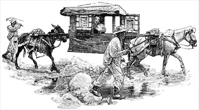 Litter Being Transported by Horses, China, "Classical Portfolio of Primitive Carriers", by Marshall M. Kirman, World Railway Publ. Co., Illustration, 1895