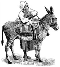 Woman Standing with Donkey, Cairo, Egypt, "Classical Portfolio of Primitive Carriers", by Marshall M. Kirman, World Railway Publ. Co., Illustration, 1895