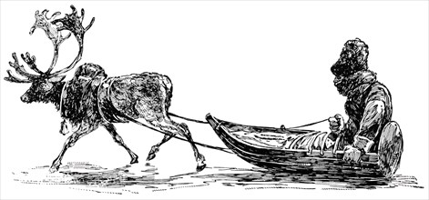 Reindeer Pulling Carriage in Lapland, "Classical Portfolio of Primitive Carriers", by Marshall M. Kirman, World Railway Publ. Co., Illustration, 1895