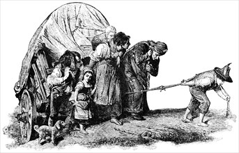 Peasants, Expelled by War, Seeking New Home, Europe, "Classical Portfolio of Primitive Carriers", by Marshall M. Kirman, World Railway Publ. Co., Illustration, 1895