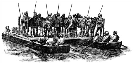 Russian Troops Crossing Danube River, "Classical Portfolio of Primitive Carriers", by Marshall M. Kirman, World Railway Publ. Co., Illustration, 1895