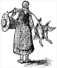 Serbian Woman on Way to Market,  "Classical Portfolio of Primitive Carriers", by Marshall M. Kirman, World Railway Publ. Co., Illustration, 1895
