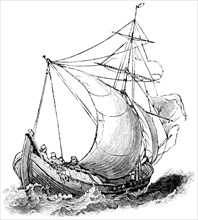Trading Vessel in the Grecian Archipelago, "Classical Portfolio of Primitive Carriers", by Marshall M. Kirman, World Railway Publ. Co., Illustration, 1895