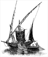 Sailing Vessel and Smaller Row Boat, Gulf of Corinth, near Patras, Greece, "Classical Portfolio of Primitive Carriers", by Marshall M. Kirman, World Railway Publ. Co., Illustration, 1895
