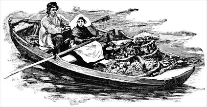 Farmer and Wife Rowing Boat to Market, Holland, "Classical Portfolio of Primitive Carriers", by Marshall M. Kirman, World Railway Publ. Co., Illustration, 1895