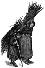 Mother and Daughter Carrying Bundles of Sticks on their Backs, France, "Classical Portfolio of Primitive Carriers", by Marshall M. Kirman, World Railway Publ. Co., Illustration, 1895