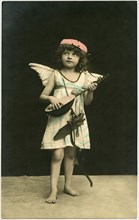 Young Winged Cherub with Lute, Bow & Arrow, French Postcard, circa 1922