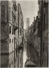 Typical Venetian Canal, Leaning Tower of Santo Stefano in Background, Venice, Italy, Illustration circa 1910