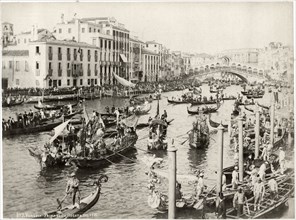 Regatta on Grand Canal, Rialto Bridge in Background, Venice, Italy, circa 1891