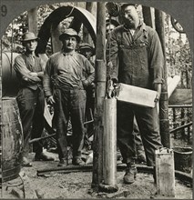 Filling Shell with Nitro-Glycerine, Preparatory to Shooting the Well, Oil Field in Penn’s”, Single Image of Stereo Card, circa 1915