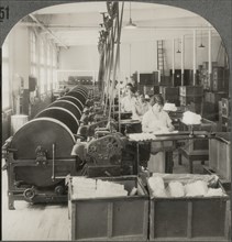 First Drawing or Straightening of Fibers, Silk Industry (Spun Silk), So. Manchester Conn., Single Image of Stereo Card, circa 1914