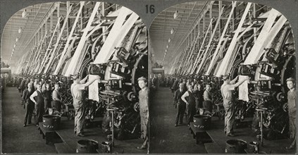 General View in Large Printing Room of Cotton Mills, Lawrence, Mass., Stereo Card, circa 1916