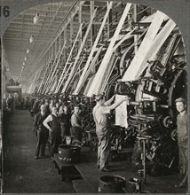 General View in Large Printing Room of Cotton Mills, Lawrence, Mass., Single Image of Stereo Card, circa 1916