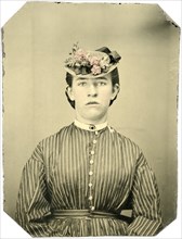 Portrait of Adult Woman in Hat and Striped Dress, Hand-Colored Photography, circa 1870