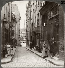 Narrow Street in Old Latin Quarter, Notre Dame in distance, Paris, France, Underwood & Underwood, Single Image of Stereo Card, circa 1900