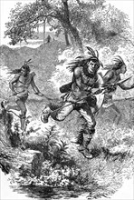 “Flight of the Indians After the Massacre”, Book Illustration from “Indian Horrors or Massacres of the Red Men”, by Henry Davenport Northrop, 1891