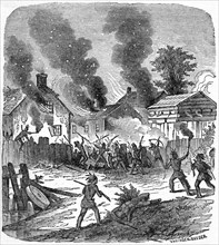 “The Burning of Brookfield by the Indians”, Engraving by Van Ingen Snyder, circa 1860, Book Illustration from “Indian Horrors or Massacres of the Red Men”, by Henry Davenport Northrop, 1891