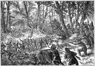 General Edward Braddock (1695-1755), “Braddock’s Defeat”,  French and Indian War, 1755, Book Illustration from “Indian Horrors or Massacres of the Red Men”, by Henry Davenport Northrop, 1891