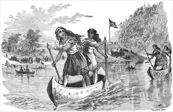 “Indian Amusements, Canoe Race Between Sioux Squaws” Sioux, by Artist S. C. Sharp, Book Illustration from “Indian Horrors or Massacres of the Red Men”, by Henry Davenport Northrop, 1891